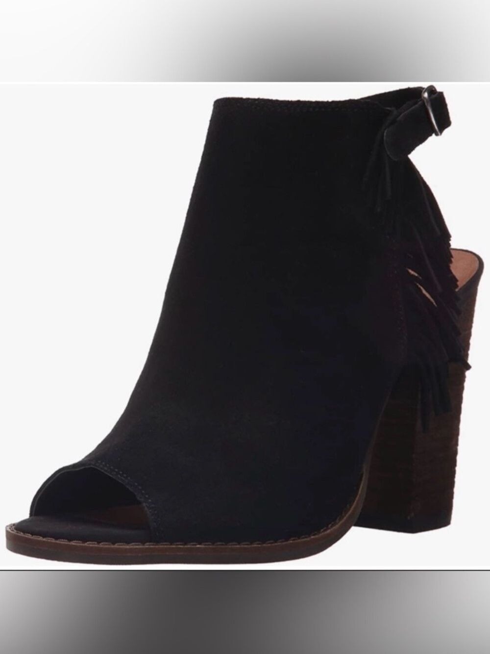 NEW Lucky Brand Suede Fringe Boho Open Toe Stacked Block Heel Sandal Shoe
